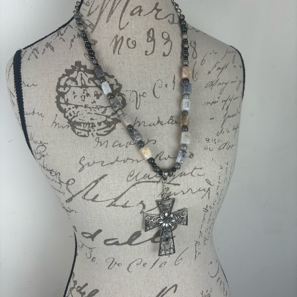Longer-length Silver Cross Necklace w/Stone beaded chain